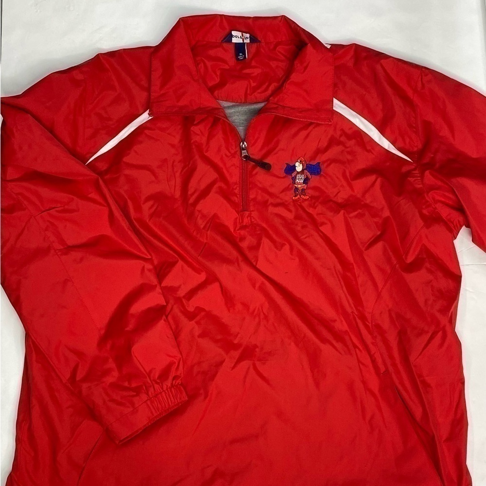 Bud Man embroidered nylon, quarter zip, pullover, windbreaker, red men’s XL